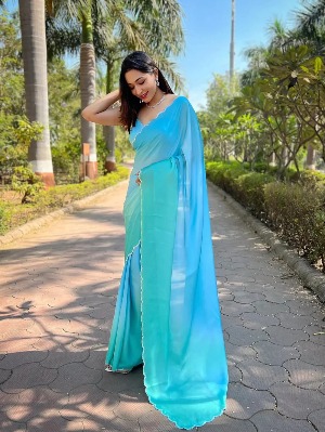 Sky Blue Satin Georgette Saree - View 3