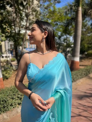 Sky Blue Satin Georgette Saree - View 4