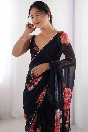 Partywear Black Georgette Saree with Floral Prints and Bead Work Lace - View 5