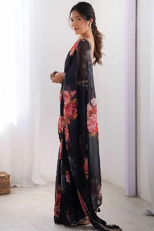 Partywear Black Georgette Saree with Floral Prints and Bead Work Lace - View 4