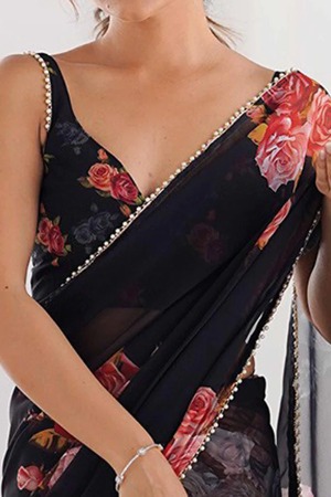 Partywear Black Georgette Saree with Floral Prints and Bead Work Lace - View 3