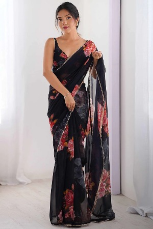 Partywear Black Georgette Saree with Floral Prints and Bead Work Lace - View 2