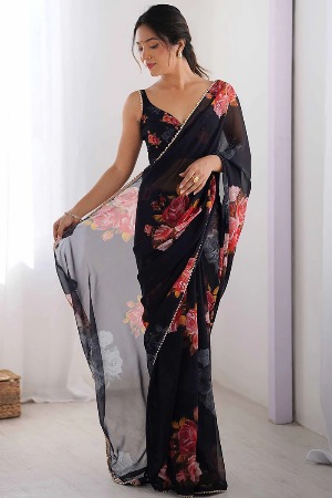 Partywear Black Georgette Saree with Floral Prints and Bead Work Lace