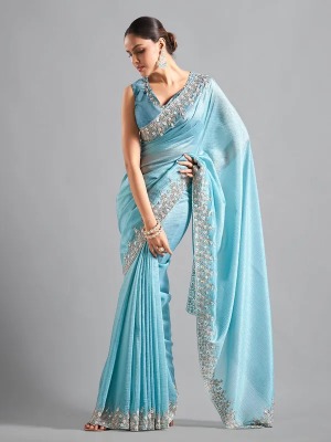 chiffon saree in sky blue - View 3