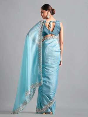 chiffon saree in sky blue - View 5