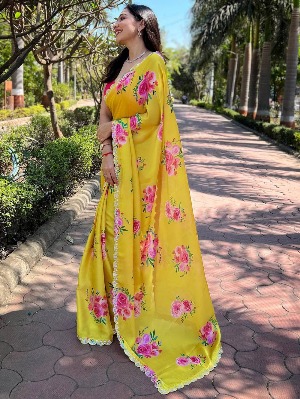 Yellow Pure Satin Georgette with Zircon Swarovski Border Saree - View 3