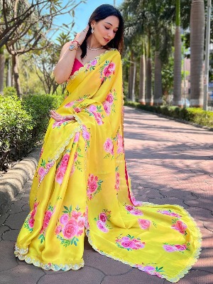 Yellow Pure Satin Georgette with Zircon Swarovski Border Saree - View 5