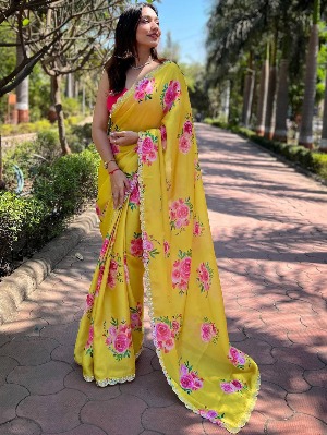 Yellow Pure Satin Georgette with Zircon Swarovski Border Saree - View 2