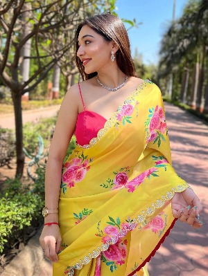 Yellow Pure Satin Georgette with Zircon Swarovski Border Saree