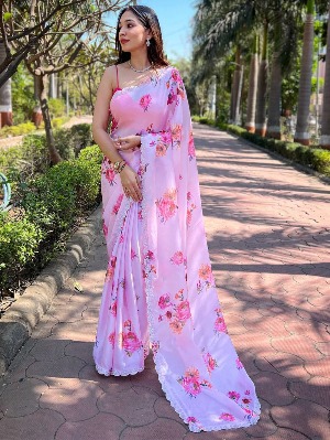 Yellow Pure Satin Georgette with Zircon Swarovski Border Saree - View 2