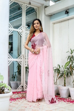 Pink Hand Embroidered Peony Chiffon