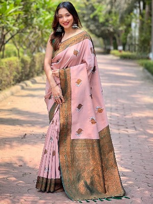 Light Pink Kanjivaram Tissue Saree With Gold Zari Weaving - View 2