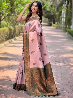 Light Pink Kanjivaram Tissue Saree With Gold Zari Weaving - View 4
