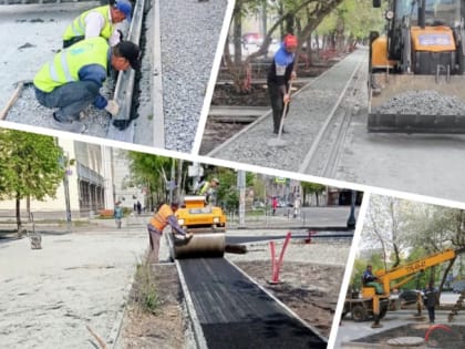 На пешеходной зоне в центре Челябинска начали асфальтировать велодорожки и обустраивать газоны