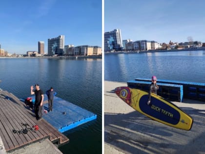 Спортсмены установили станцию сапбординга на реке Миасс в центре Челябинска