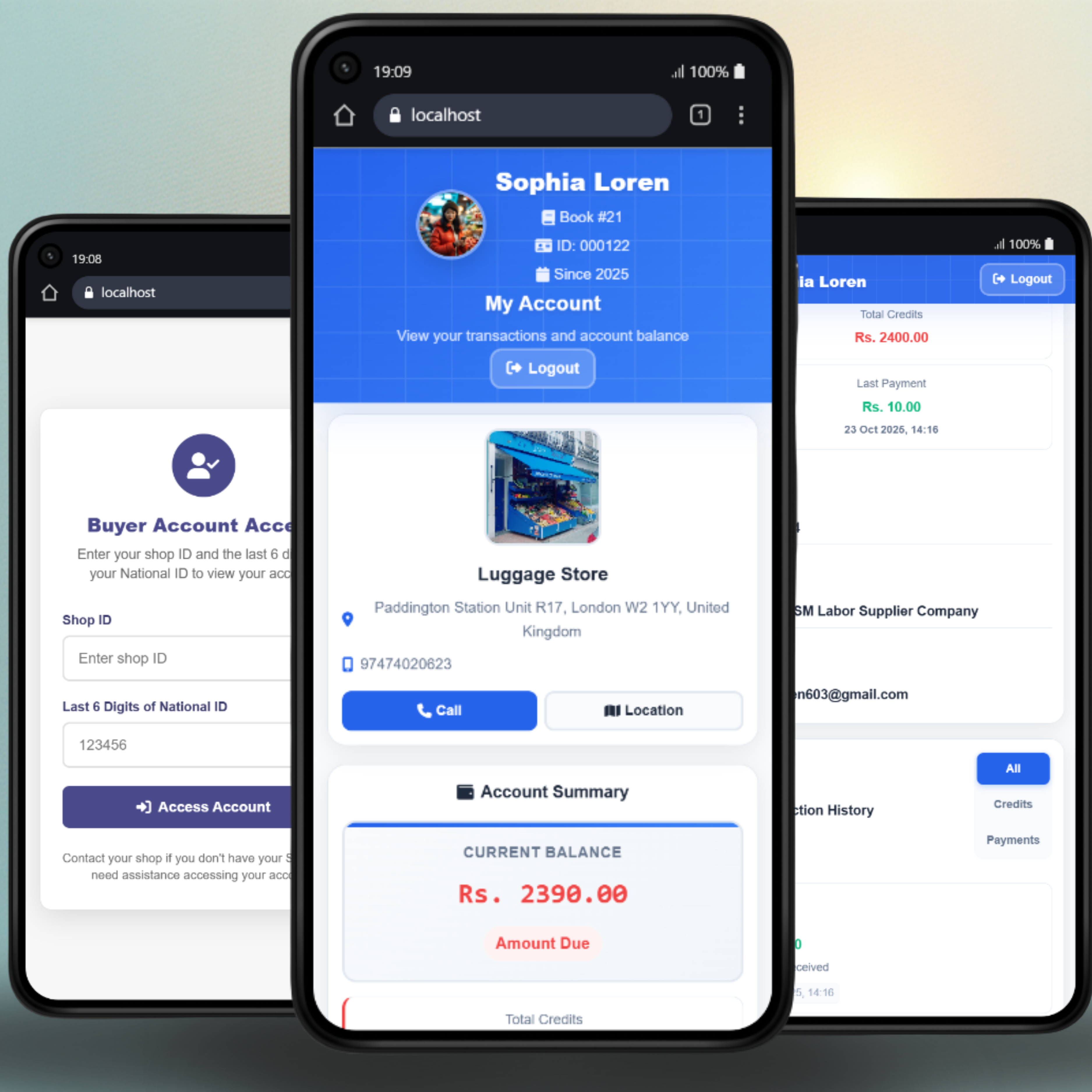 Buyer logging in with shop ID and national ID to view debts and payments