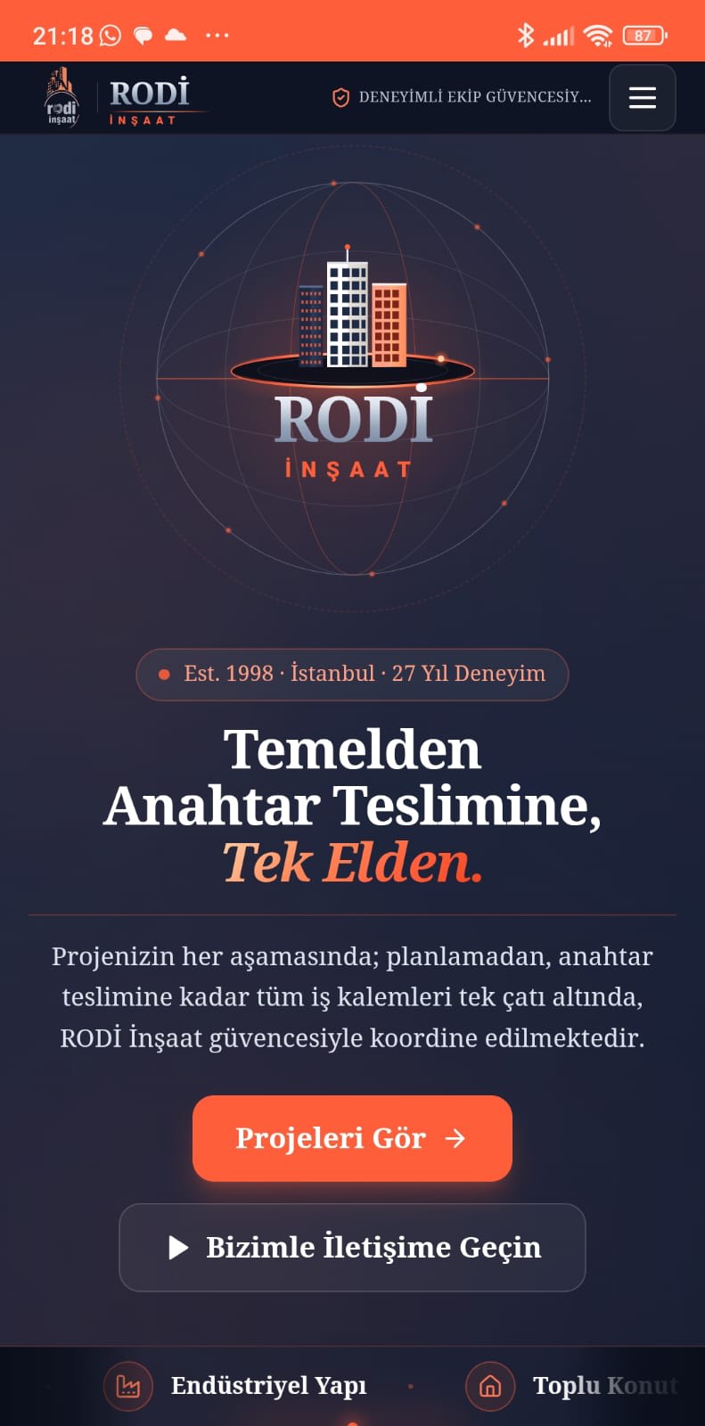 Rodi İnşaat mobil uyumlu web sitesi görünümü — NA Web Tasarım