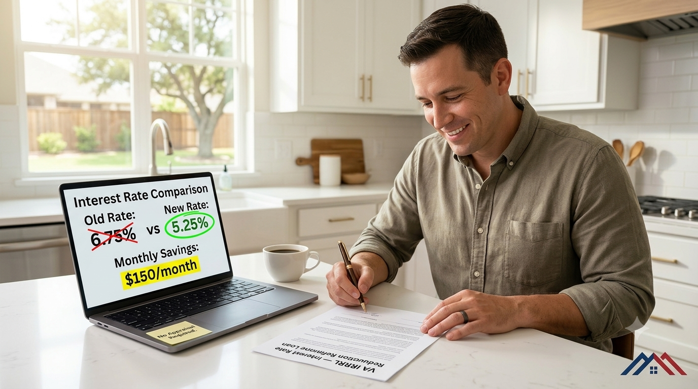 Veteran homeowner reviewing IRRRL refinance documents at kitchen table