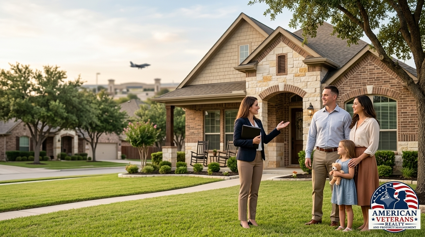 Beautiful suburban homes near Joint Base San Antonio with American flags displayed