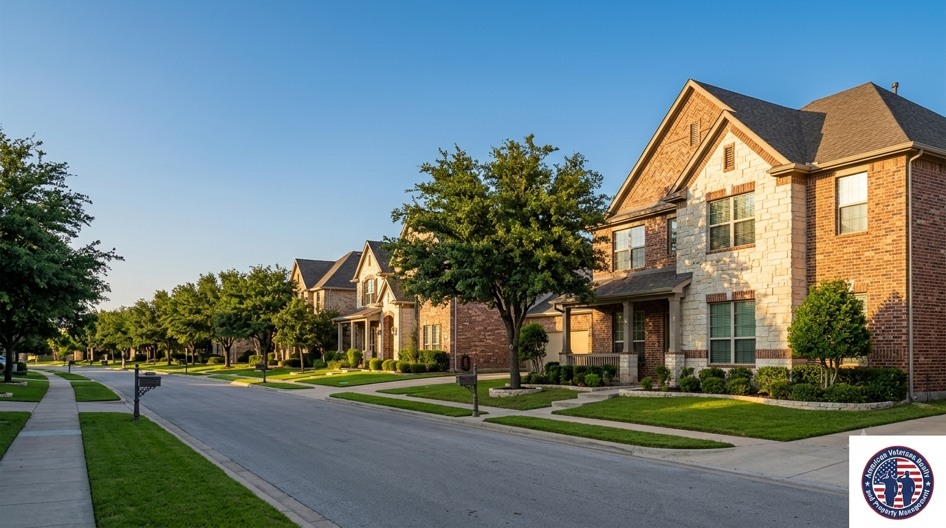 Suburban street in Round Rock TX with large homes and green landscaping