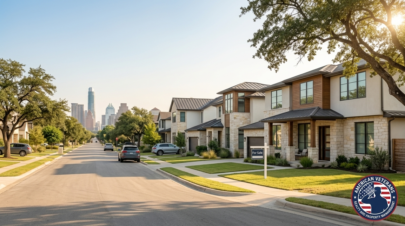 Austin Texas skyline with residential neighborhoods in the foreground 2025