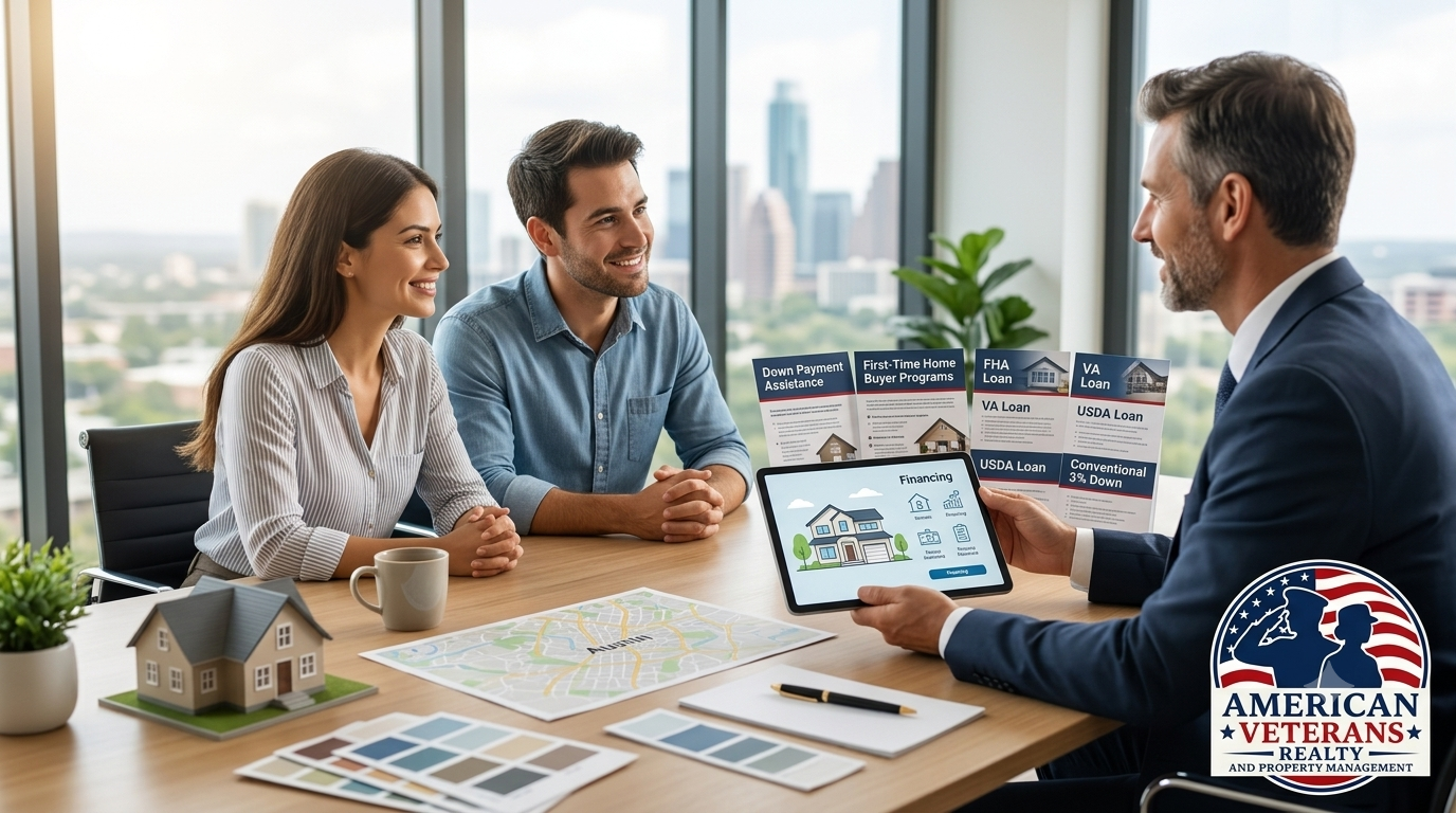 Buyer discussing local Austin market knowledge with a real estate agent