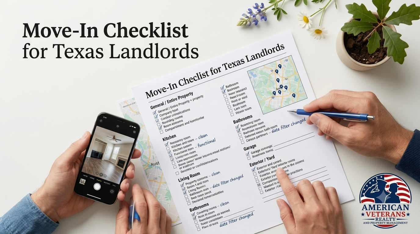 Texas landlord conducting move-in inspection checklist at rental property in Austin
