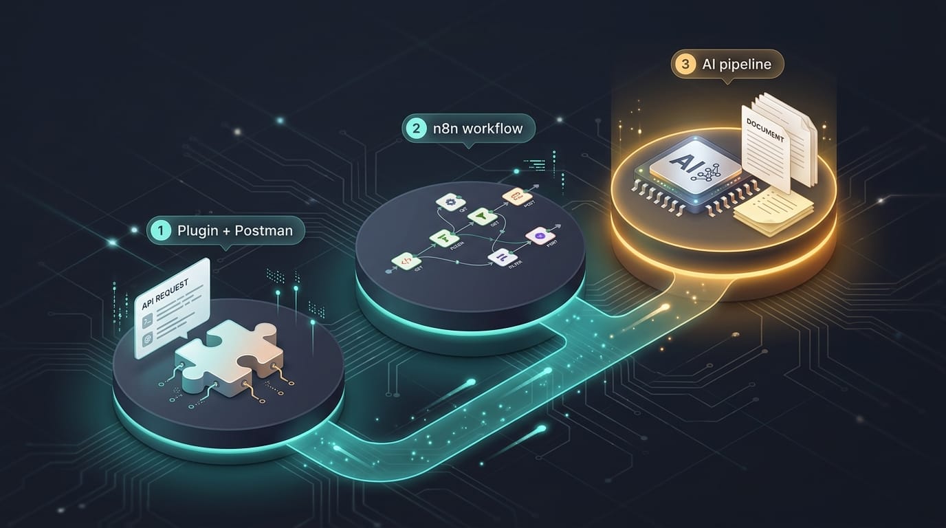 Three rising platforms showing the build milestones: plugin and Postman, n8n workflow, AI pipeline.
