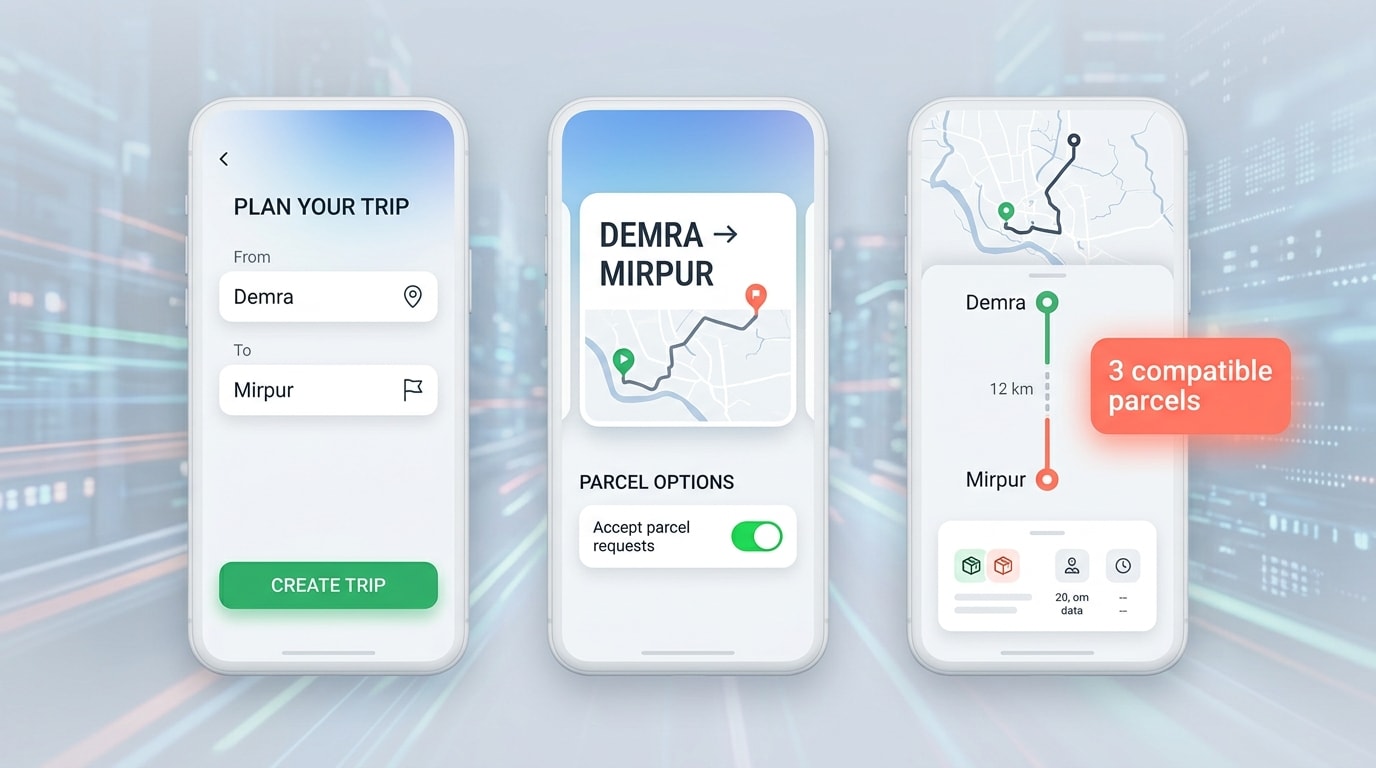 Mobile screens for the rider flow: set route, toggle parcel requests on, view compatible parcels.