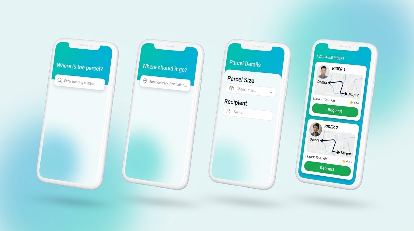 Mobile screens for the sender flow: choose origin, choose destination, add parcel details, pick a rider.