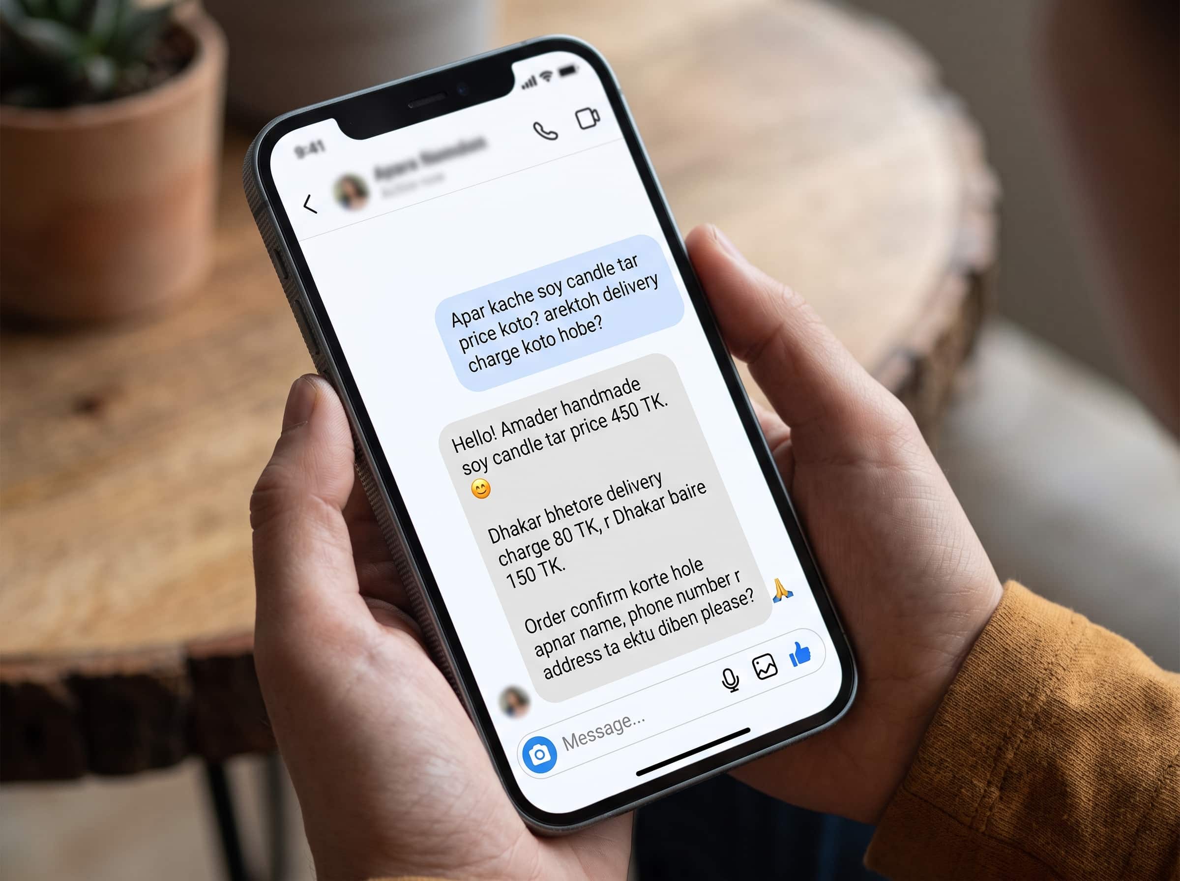 Messenger chat mockup showing the bot answering a price question and confirming an order
