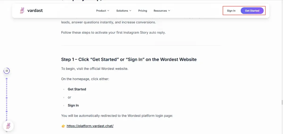 Vardast website homepage showing the Get Started and Sign In buttons to access the Instagram automation platform