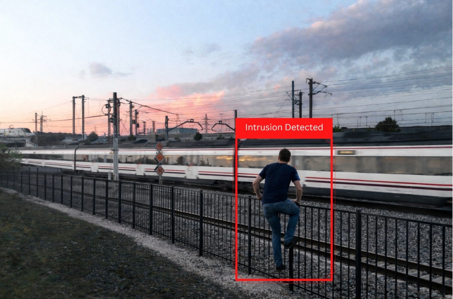 Man trespassing by climbing railway fencing detected by intrusion system