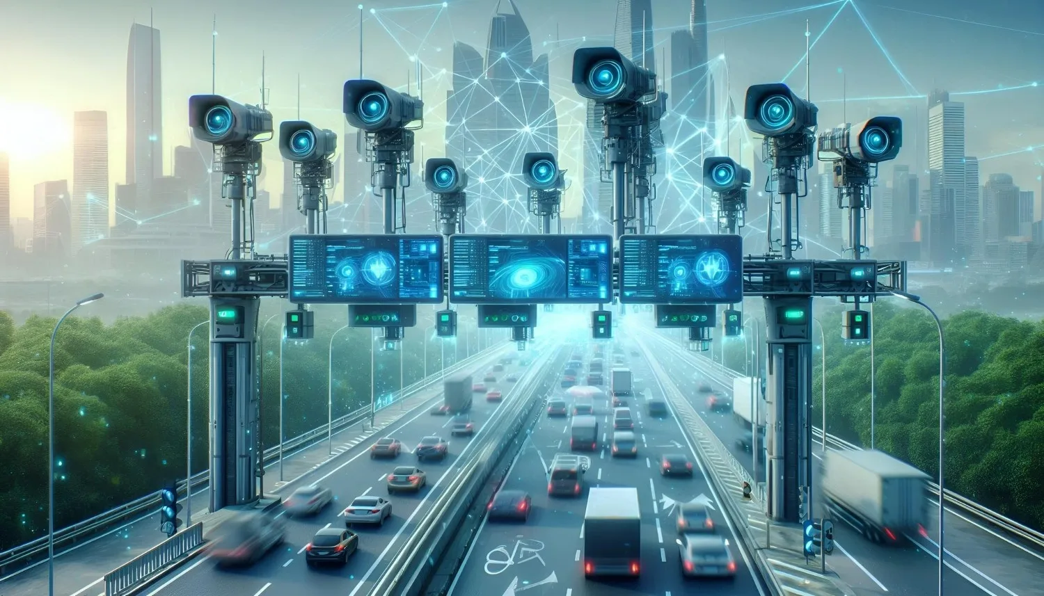 Advanced CCTV cameras integrated with ITMS using AI analytics to monitor and manage real-time traffic in a smart city environment