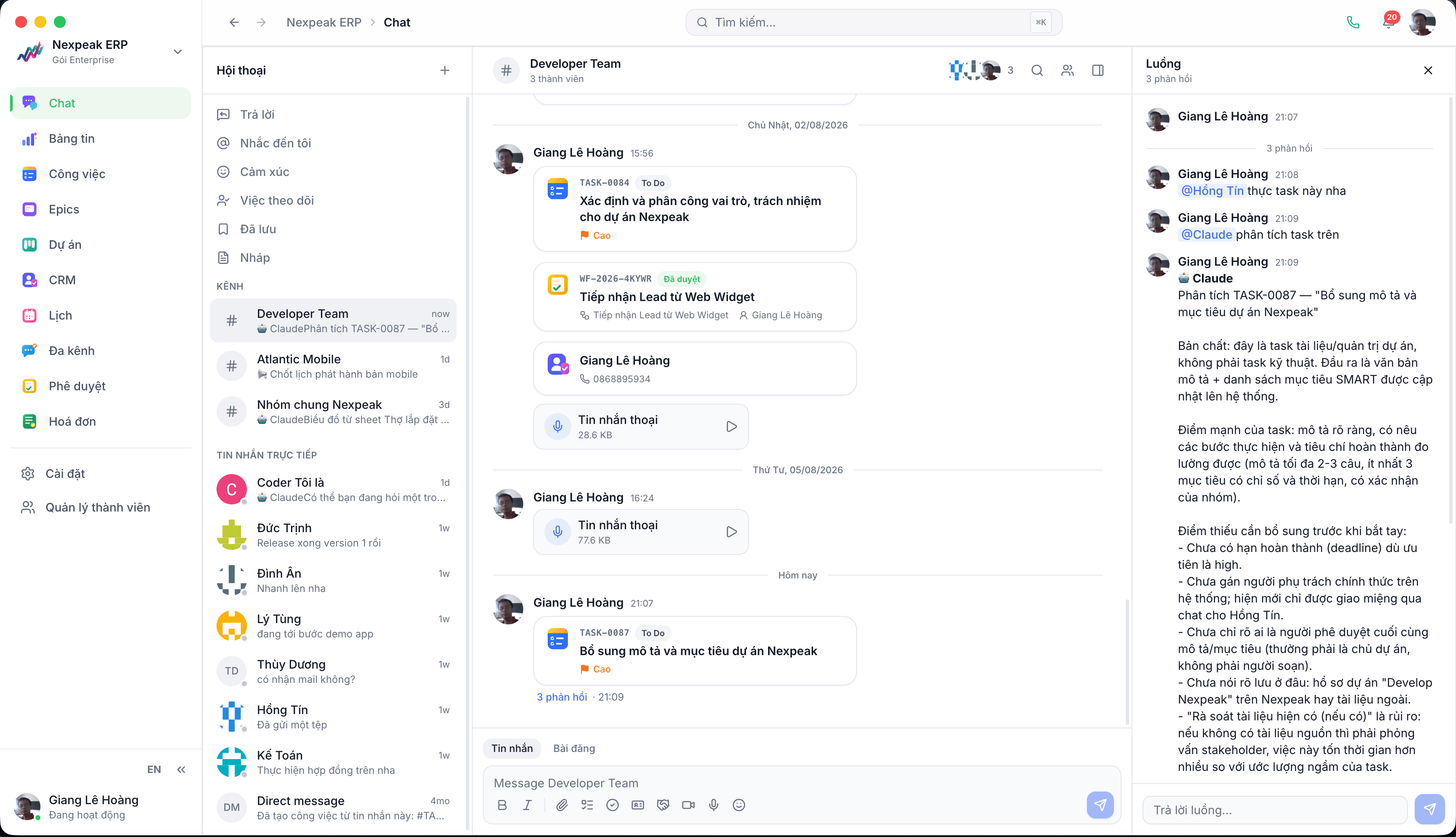 Giao diện NexPeak Chat với task, workflow, contact, thread và AI trong cùng ngữ cảnh