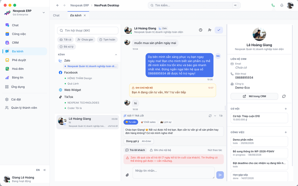 Đa kênh: hội thoại Zalo và hồ sơ CRM cạnh nhau trong một cửa sổ
