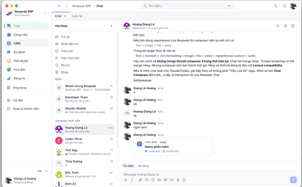 Chat nội bộ với thẻ task đính kèm ngay trong hội thoại