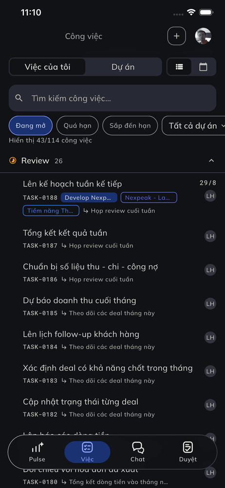 Công việc: tách Việc của tôi / Dự án, lọc nhanh Đang mở – Quá hạn – Sắp đến hạn.