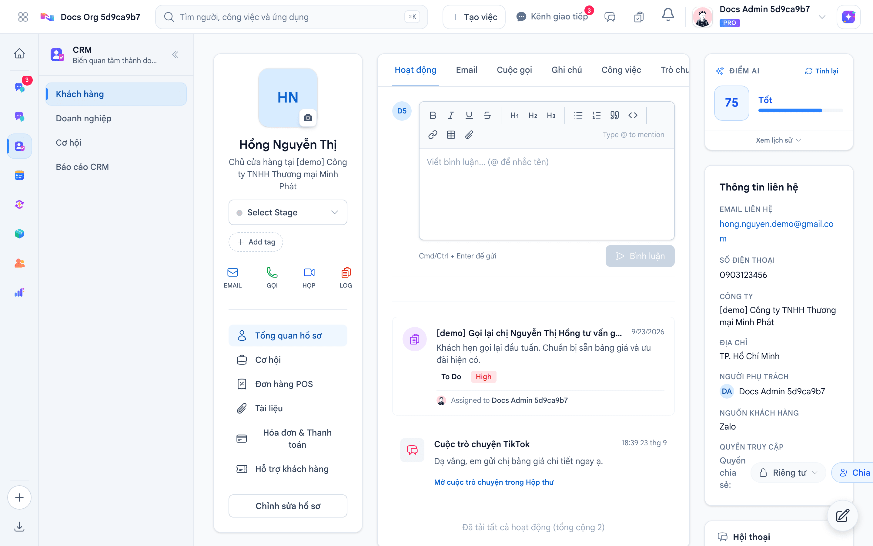 Giao diện hồ sơ khách hàng 360 độ