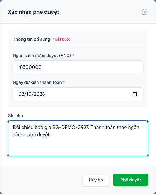 Kế toán nhập ngân sách và ngày dự kiến thanh toán trước khi xác nhận phê duyệt