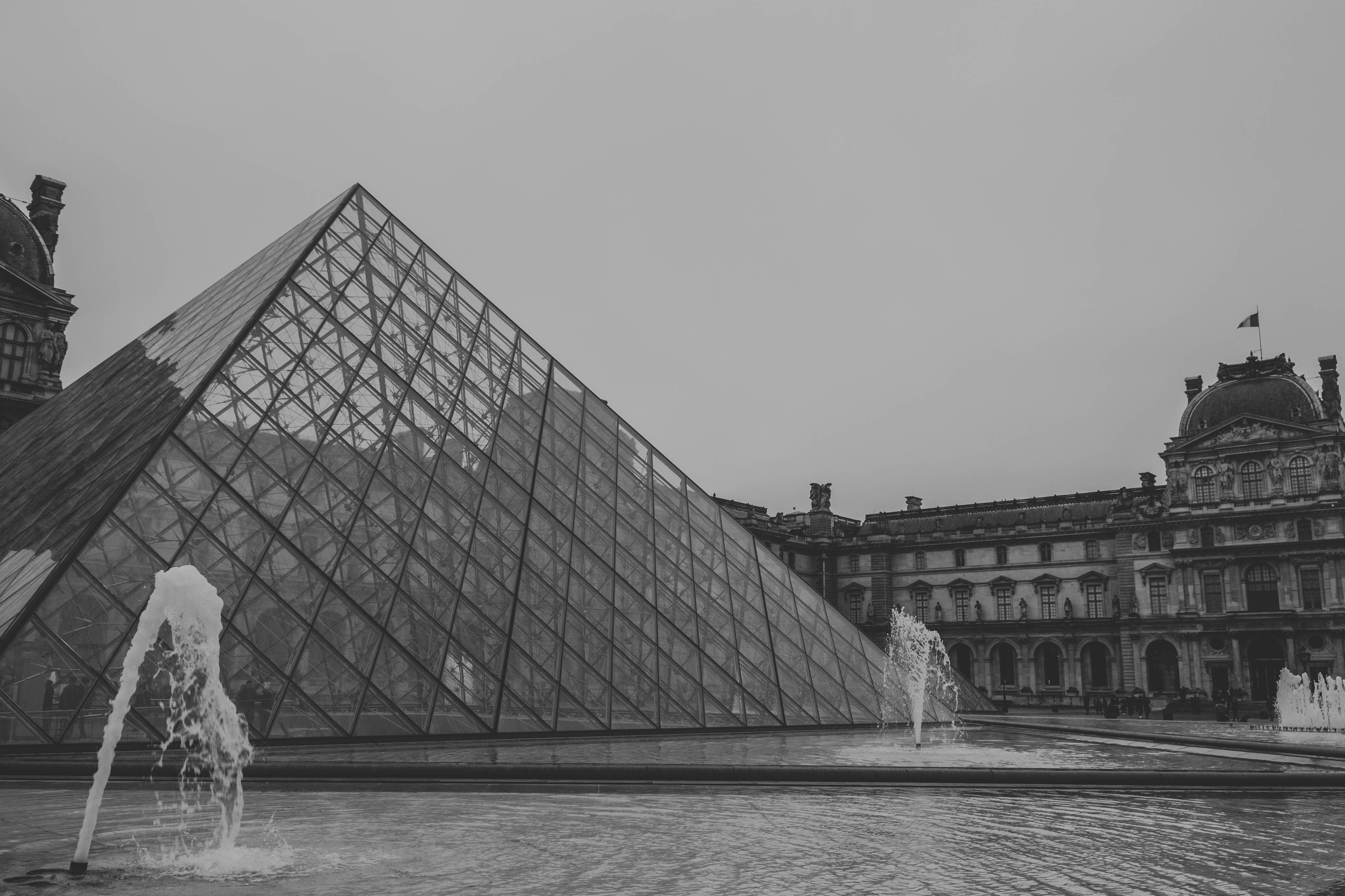 Louvre pyramid with fountains