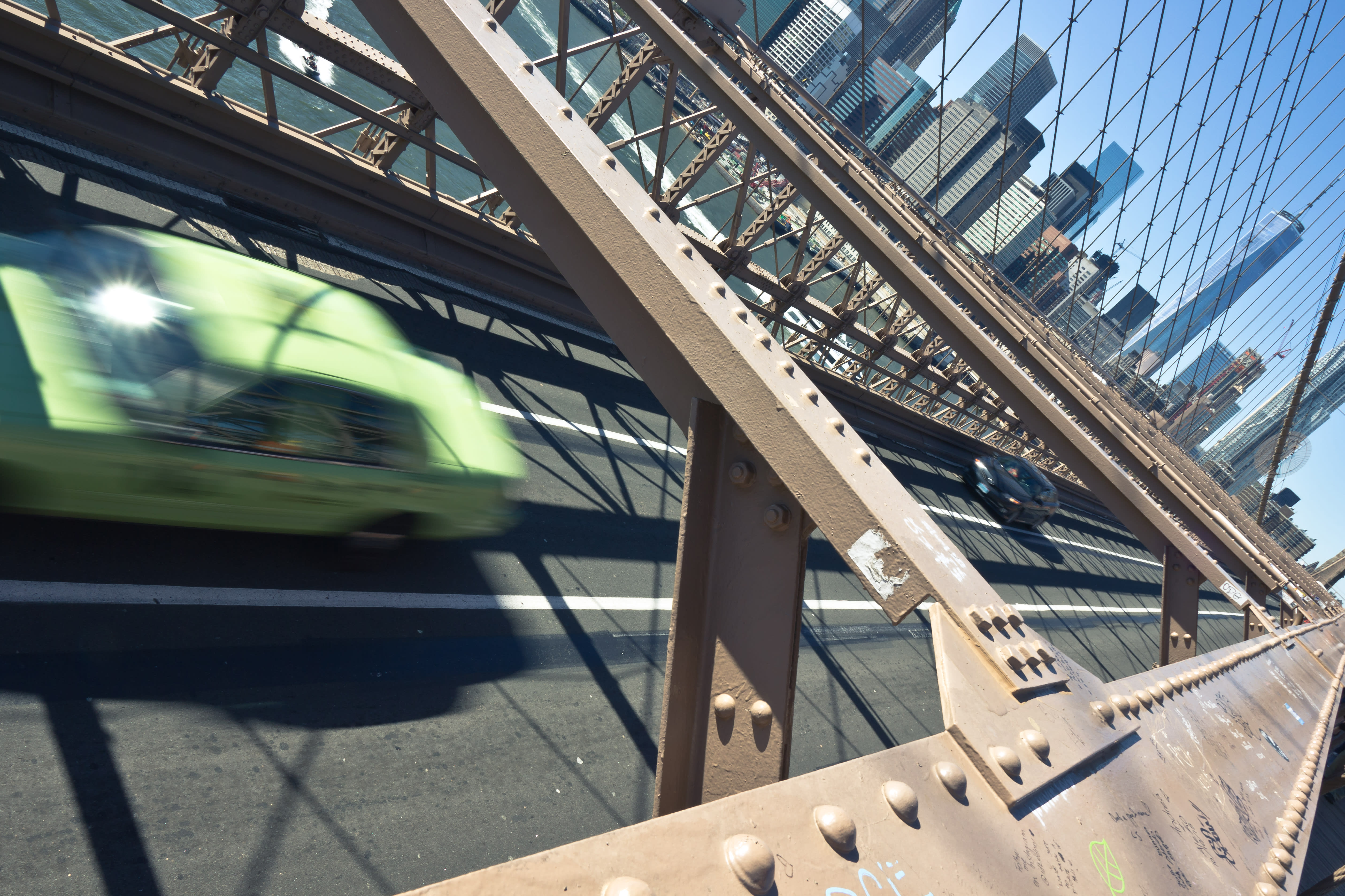 New York taxi speeding over Brooklyn Bridge