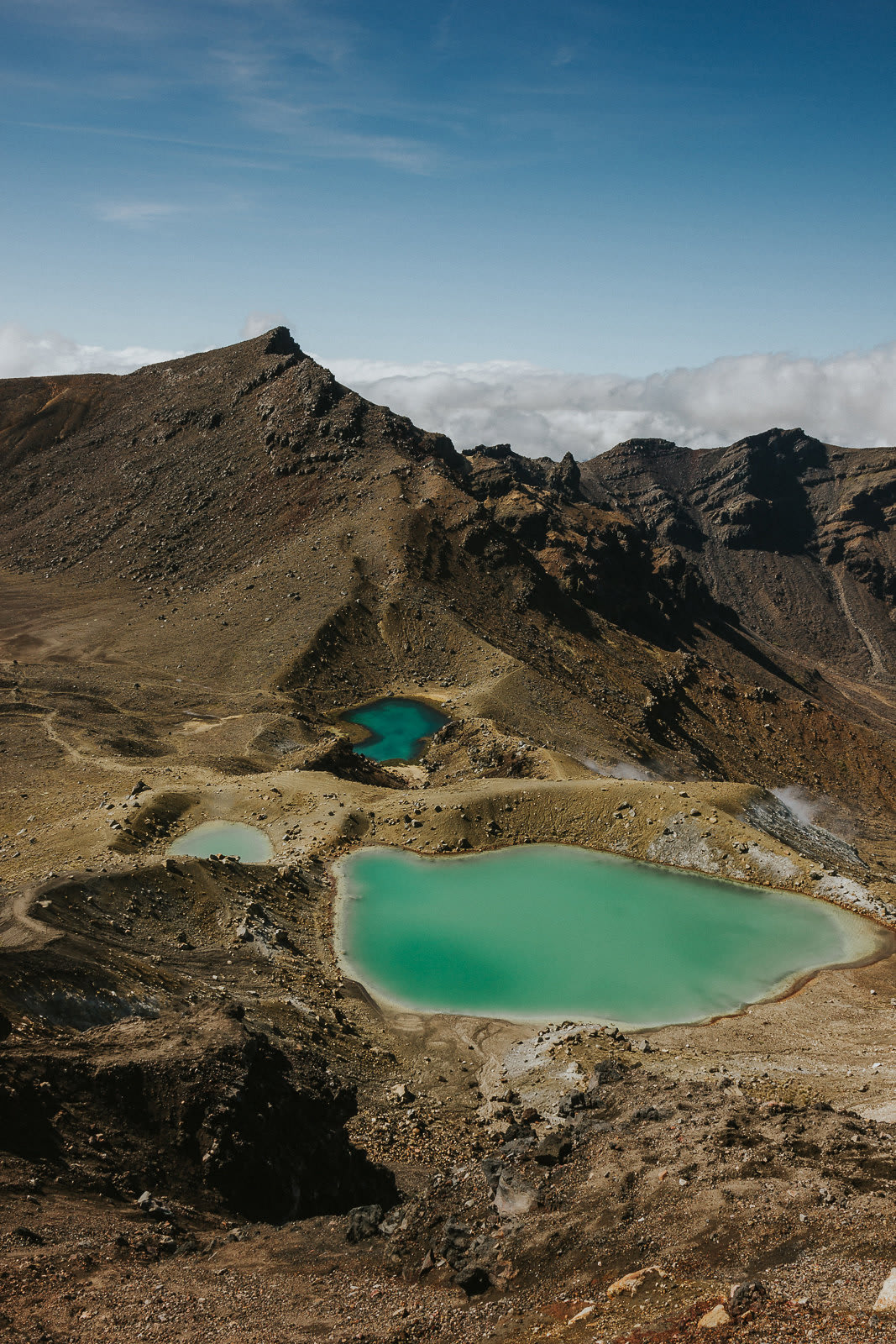 Three green pools surrounded by mountains