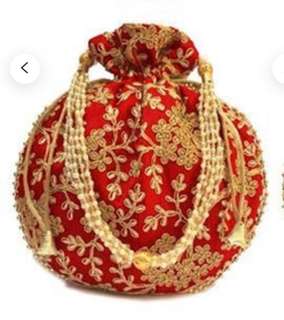 Indian Ethnic Potli Bag Silk Embroidered Pearl Handle Women’s Handbag (Wedding)