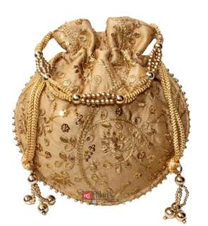 Indian Ethnic Potli Bag Silk Embroidered Pearl Handle Women’s Handbag (Wedding)