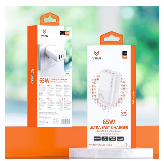 65W GaN Ultra Fast Charger w/ 2 USB-C & USB-A (AU7)