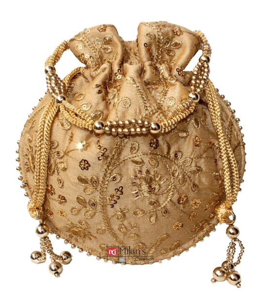 Indian Ethnic Potli Bag Silk Embroidered Pearl Handle Women’s Handbag (Wedding)