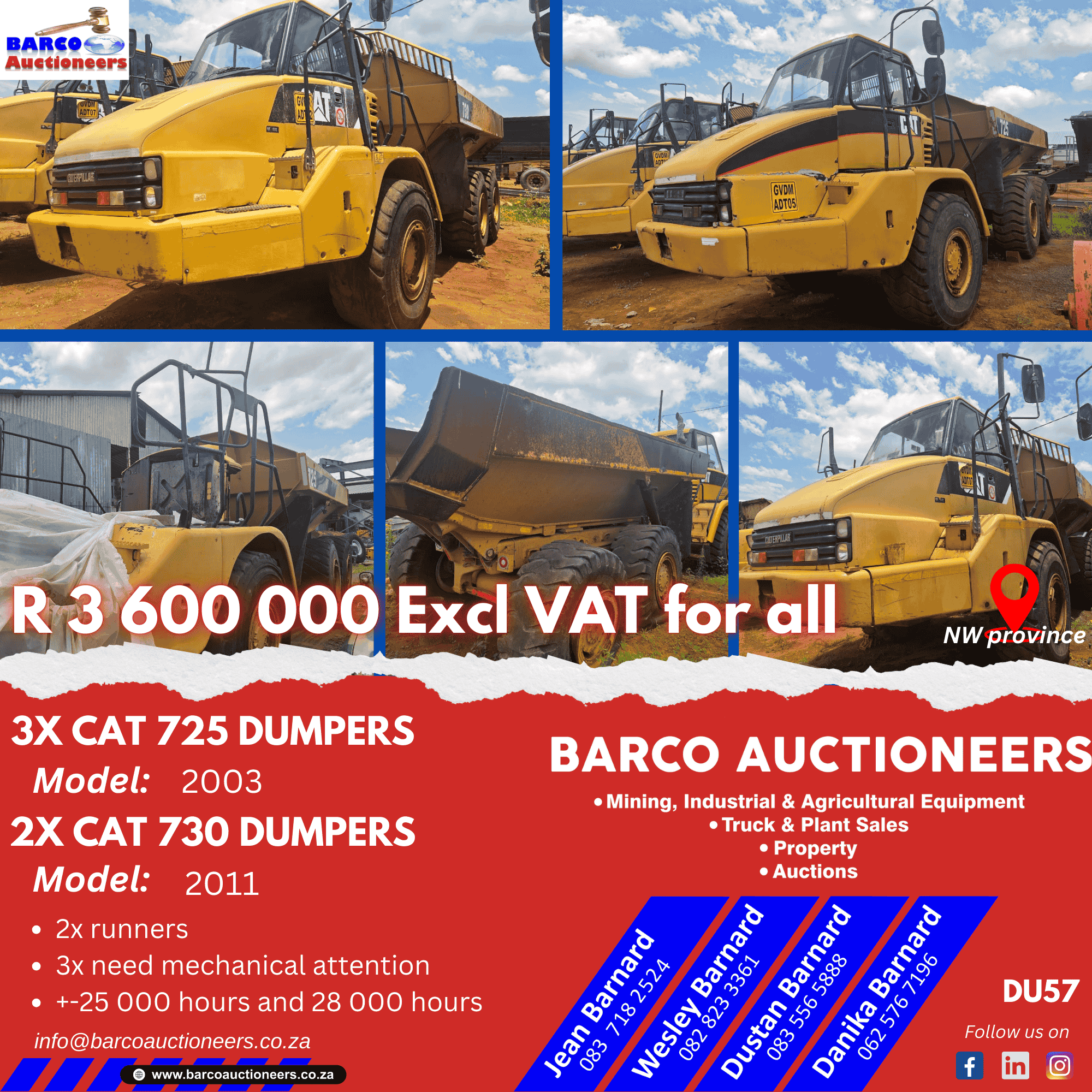 DU57_3x Cat 725 Dumpers 2x Cat 730 Dumpers