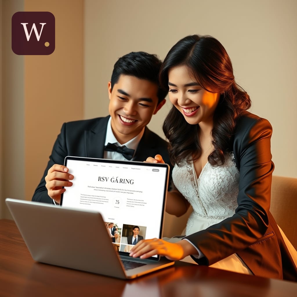 Cặp đôi tương tác với website cưới cá nhân trên laptop