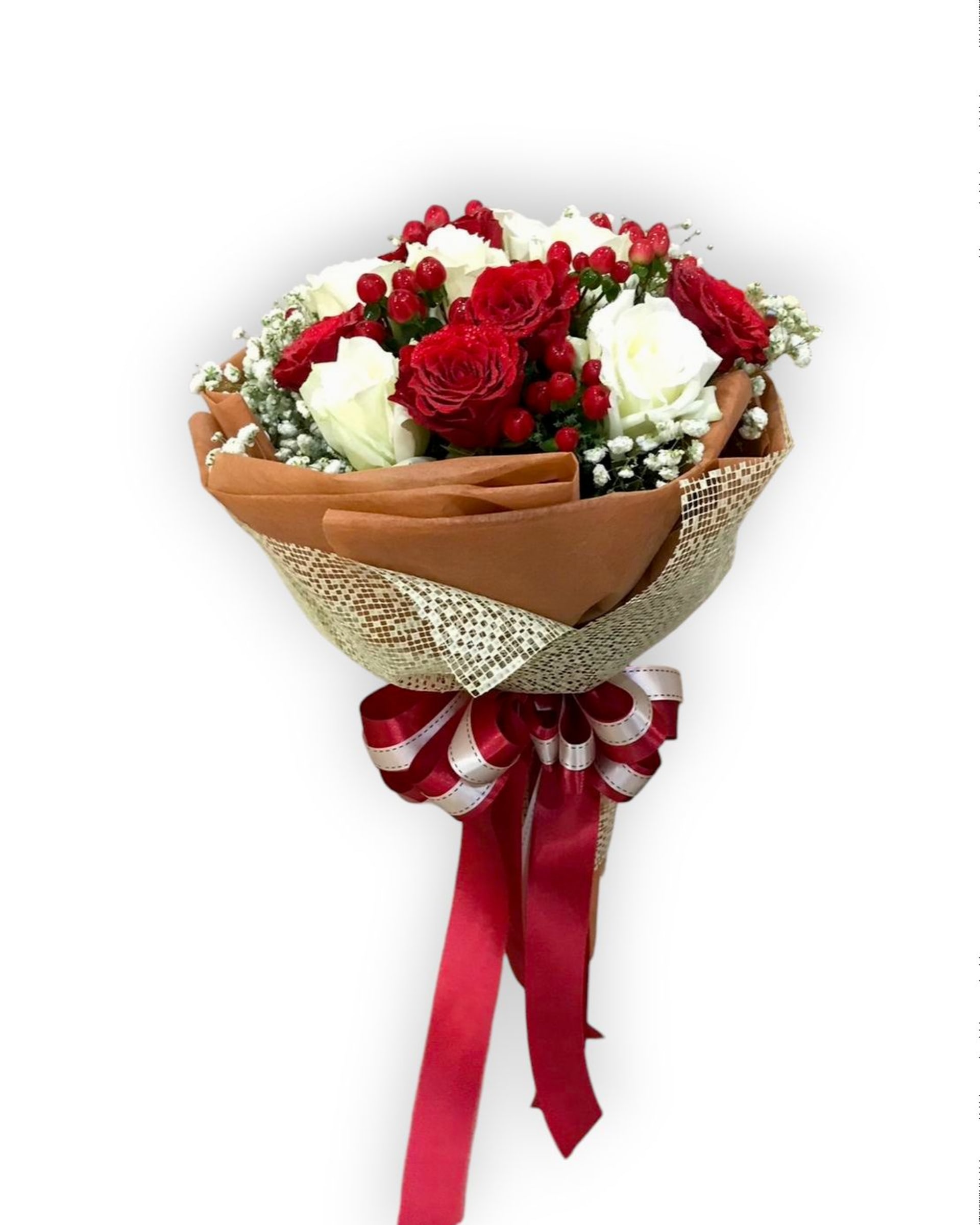 Valentine Vintage Red & White Rose Bouquet with Red Berries